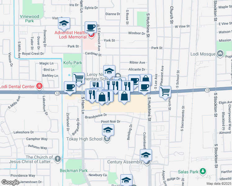 map of restaurants, bars, coffee shops, grocery stores, and more near 920 West Kettleman Lane in Lodi