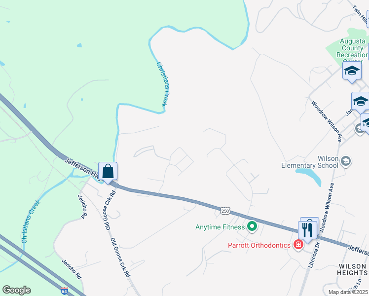 map of restaurants, bars, coffee shops, grocery stores, and more near 20 Paige Drive in Staunton