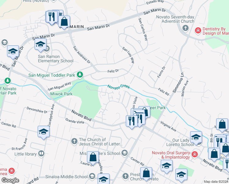 map of restaurants, bars, coffee shops, grocery stores, and more near 112 Oliva Court in Novato