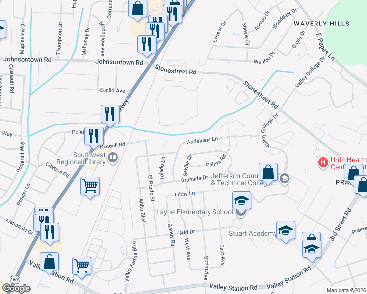 map of restaurants, bars, coffee shops, grocery stores, and more near 4815 Seville Drive in Louisville