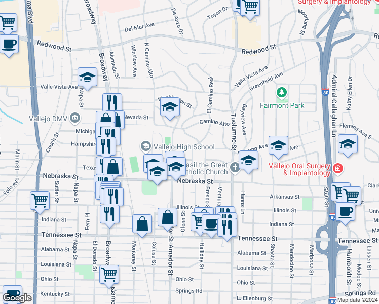 map of restaurants, bars, coffee shops, grocery stores, and more near 121 Bella Vista Way in Vallejo