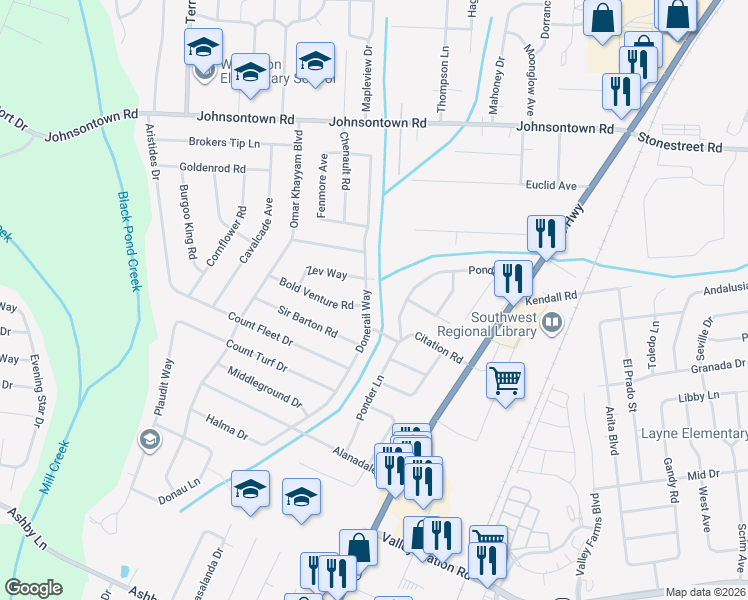 map of restaurants, bars, coffee shops, grocery stores, and more near 9336 Ponder Lane in Louisville