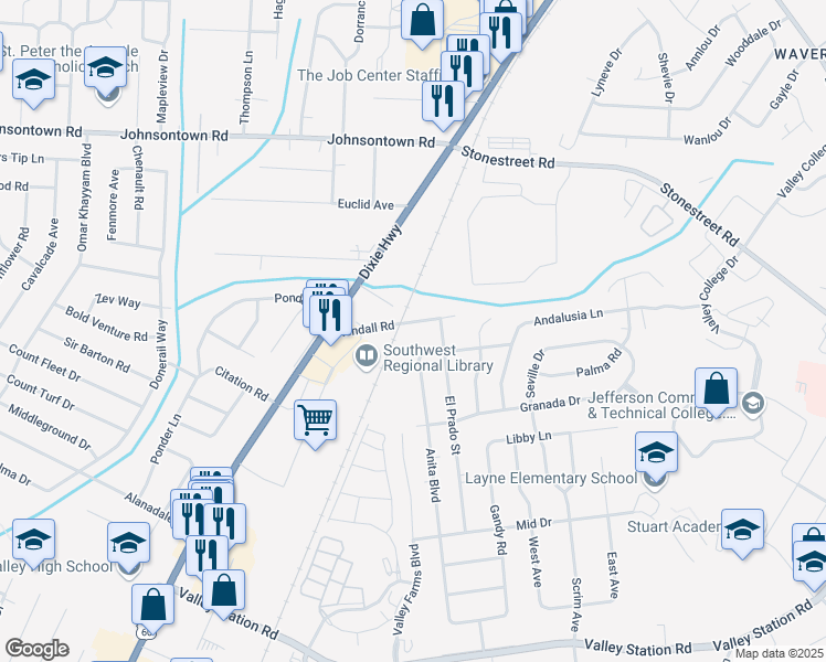 map of restaurants, bars, coffee shops, grocery stores, and more near 5006 Kendall Road in Louisville