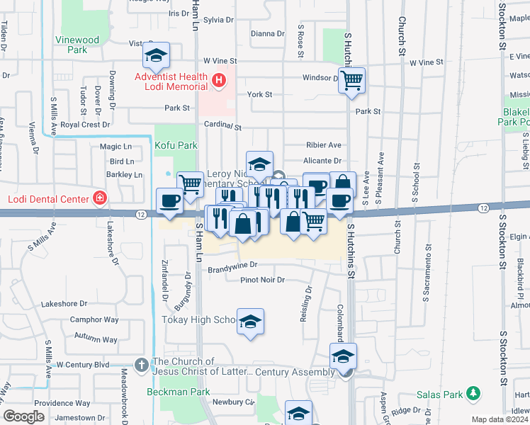 map of restaurants, bars, coffee shops, grocery stores, and more near 920 West Kettleman Lane in Lodi