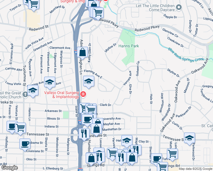 map of restaurants, bars, coffee shops, grocery stores, and more near 154 Skyway Drive in Vallejo