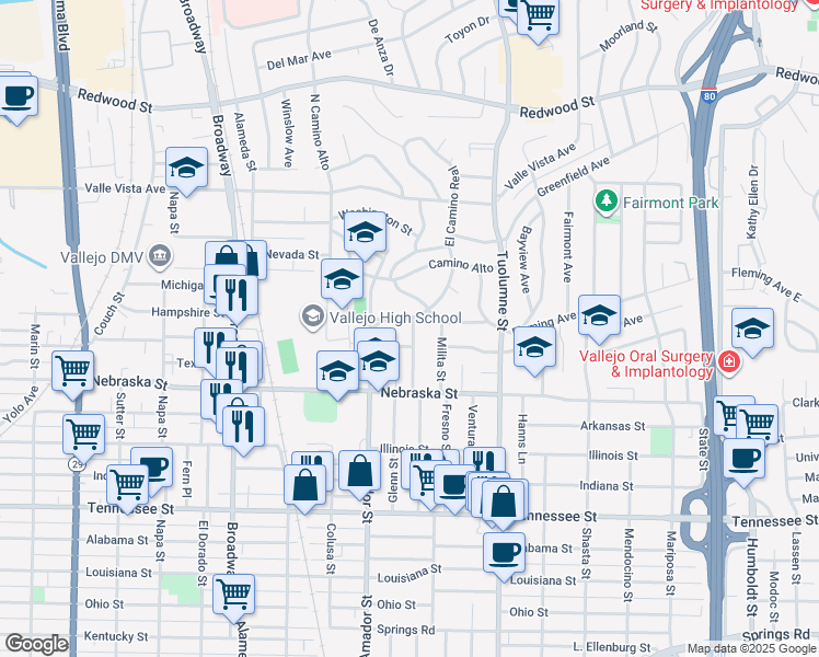 map of restaurants, bars, coffee shops, grocery stores, and more near 119 Milita Street in Vallejo