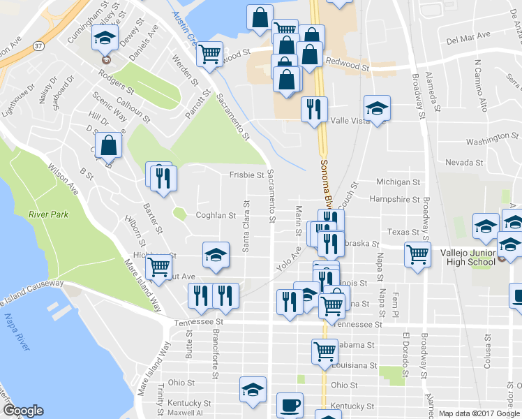 map of restaurants, bars, coffee shops, grocery stores, and more near 421 Coghlan Street in Vallejo