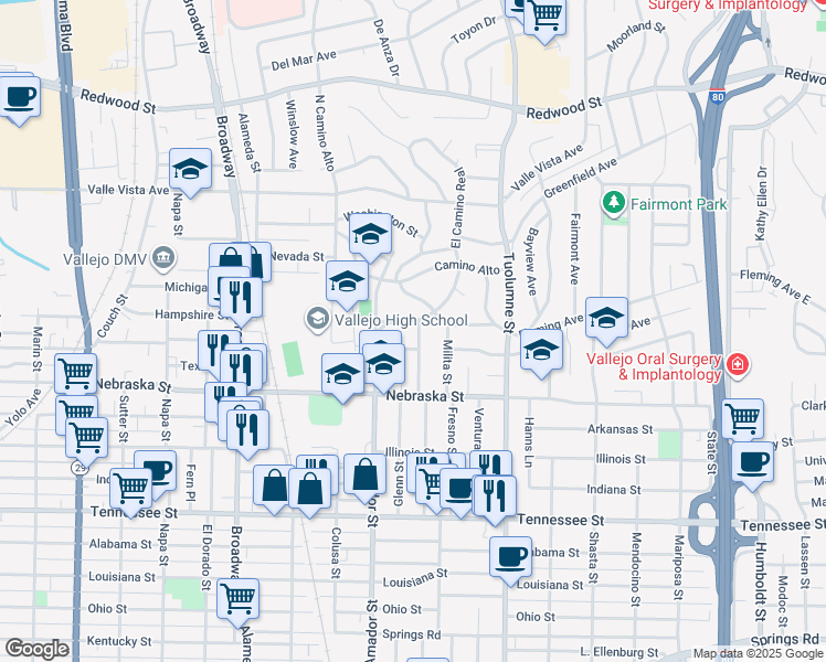 map of restaurants, bars, coffee shops, grocery stores, and more near 121 Bella Vista Way in Vallejo