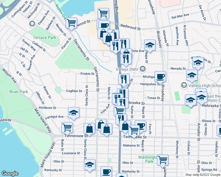 map of restaurants, bars, coffee shops, grocery stores, and more near 2008 Marin Street in Vallejo
