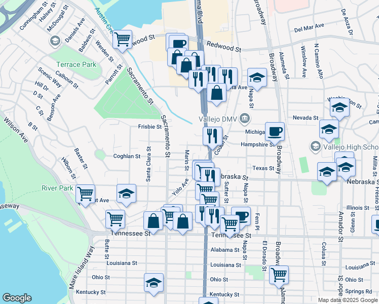 map of restaurants, bars, coffee shops, grocery stores, and more near 2008 Marin Street in Vallejo