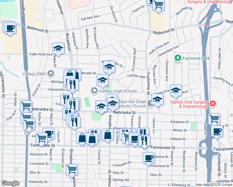 map of restaurants, bars, coffee shops, grocery stores, and more near 9 El Camino Real in Vallejo