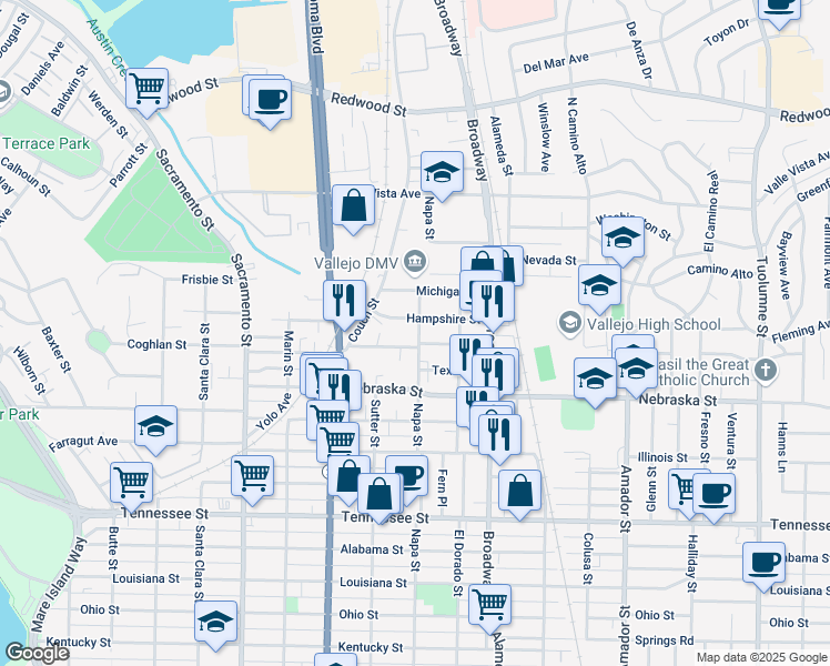 map of restaurants, bars, coffee shops, grocery stores, and more near 2122 Napa Street in Vallejo