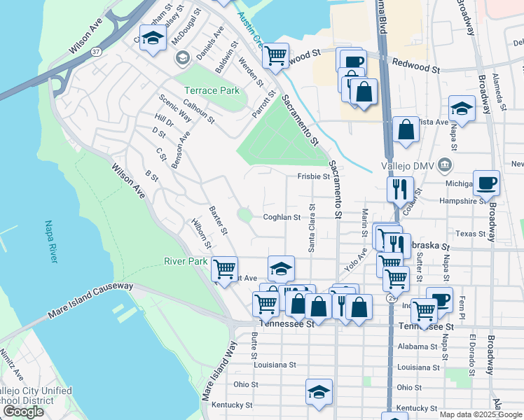 map of restaurants, bars, coffee shops, grocery stores, and more near 239 Coghlan Street in Vallejo