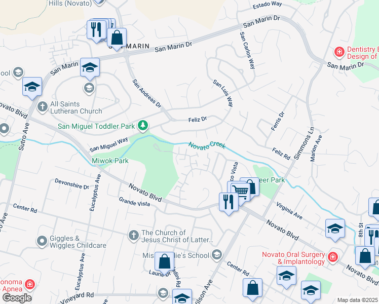 map of restaurants, bars, coffee shops, grocery stores, and more near 117A Oliva Court in Novato
