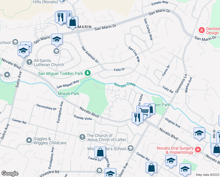 map of restaurants, bars, coffee shops, grocery stores, and more near 117A Oliva Court in Novato