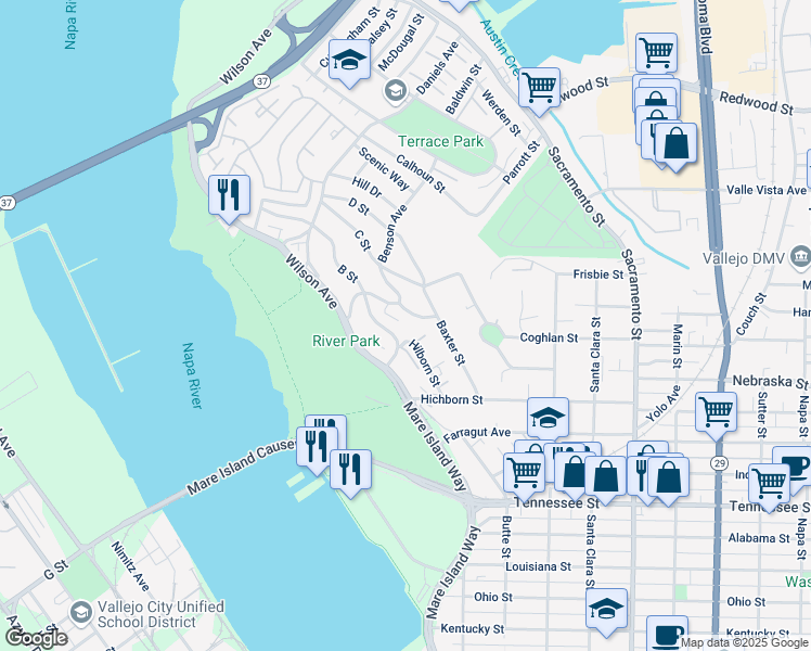 map of restaurants, bars, coffee shops, grocery stores, and more near 124 Benson Avenue in Vallejo