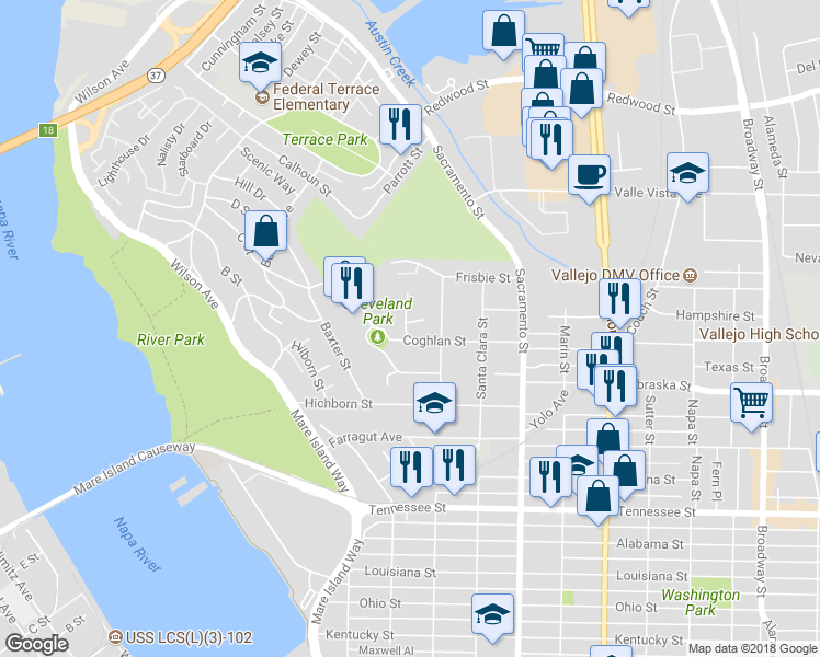 map of restaurants, bars, coffee shops, grocery stores, and more near 36 Frey Place in Vallejo