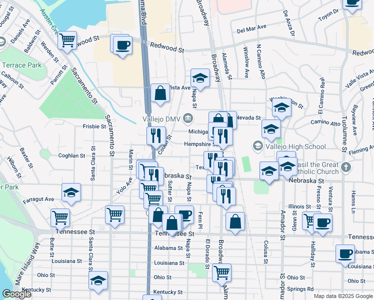 map of restaurants, bars, coffee shops, grocery stores, and more near 2122 Napa Street in Vallejo