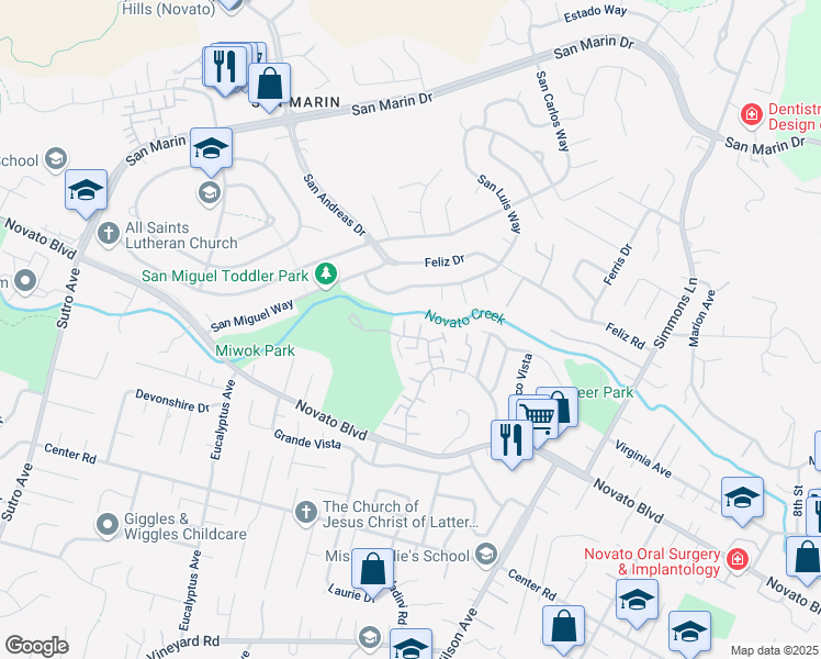 map of restaurants, bars, coffee shops, grocery stores, and more near 117A Oliva Court in Novato