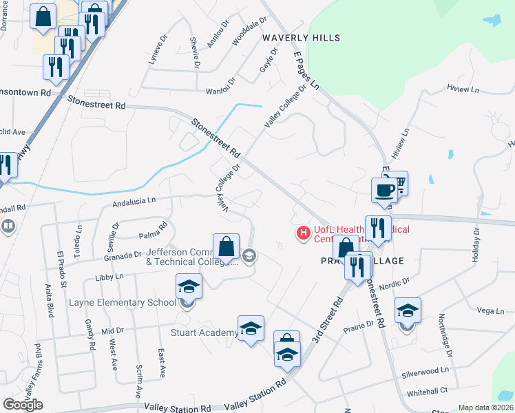 map of restaurants, bars, coffee shops, grocery stores, and more near 4404 Southbridge Court in Louisville
