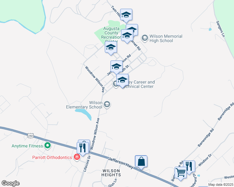 map of restaurants, bars, coffee shops, grocery stores, and more near 49 Hornet Road in Fishersville