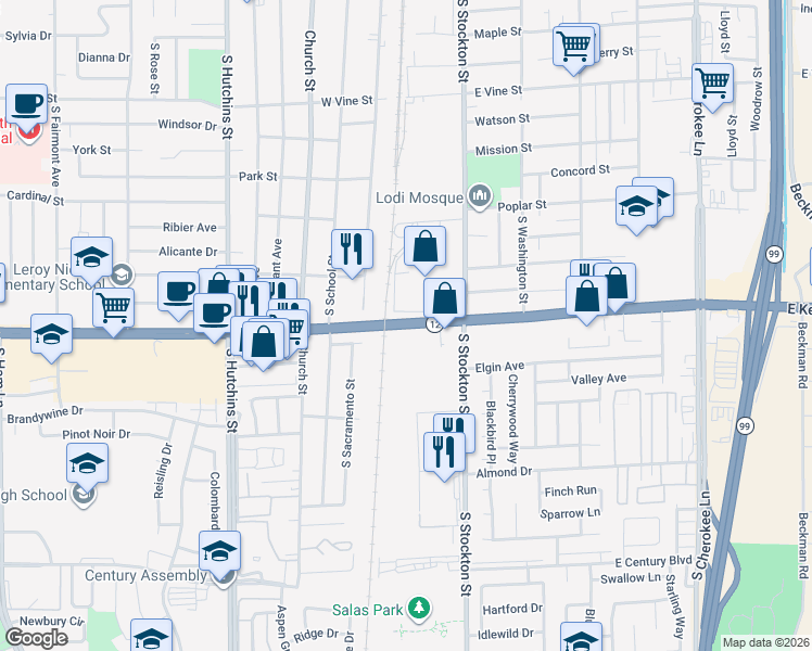 map of restaurants, bars, coffee shops, grocery stores, and more near 36 East Kettleman Lane in Lodi