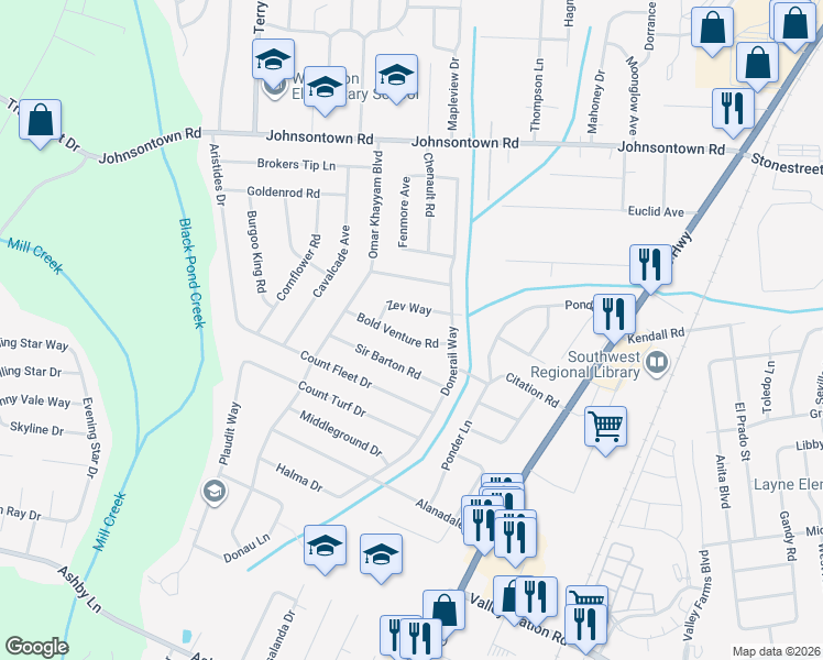 map of restaurants, bars, coffee shops, grocery stores, and more near 5415 Sir Barton Road in Louisville
