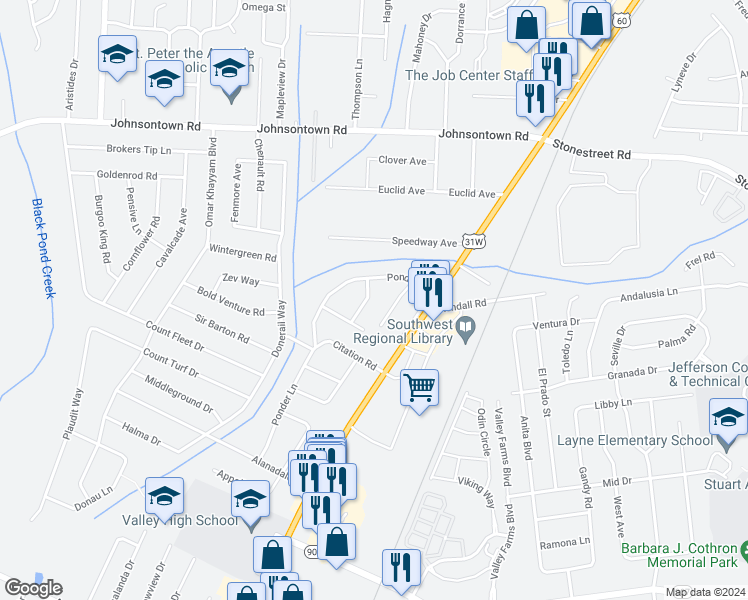 map of restaurants, bars, coffee shops, grocery stores, and more near 9305 Hacienda Drive in Louisville