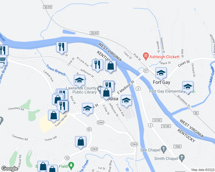 map of restaurants, bars, coffee shops, grocery stores, and more near 201 East Main Street in Louisa