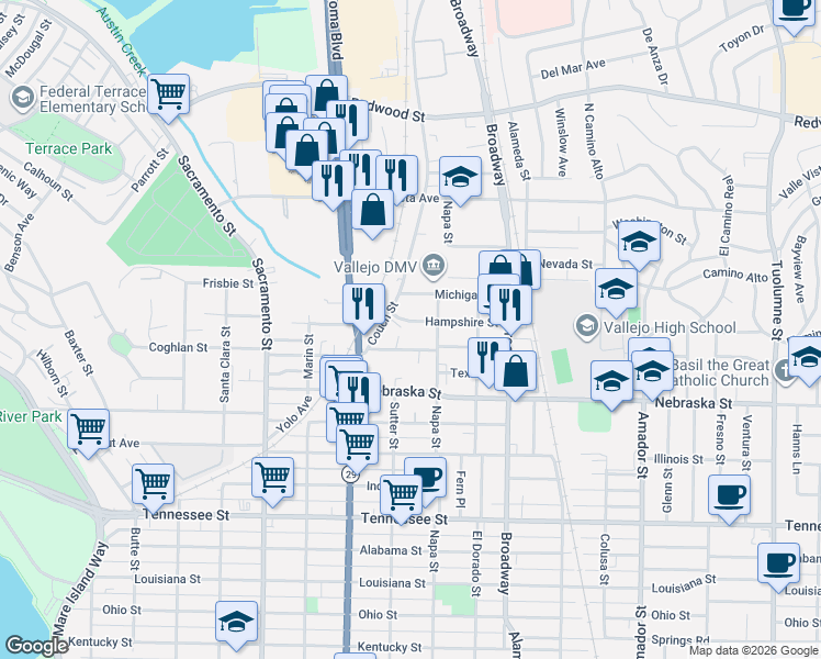map of restaurants, bars, coffee shops, grocery stores, and more near 187 Couch Street in Vallejo