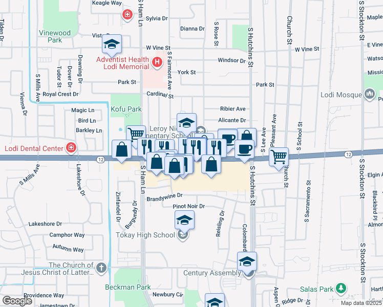 map of restaurants, bars, coffee shops, grocery stores, and more near 1301 South Crescent Avenue in Lodi