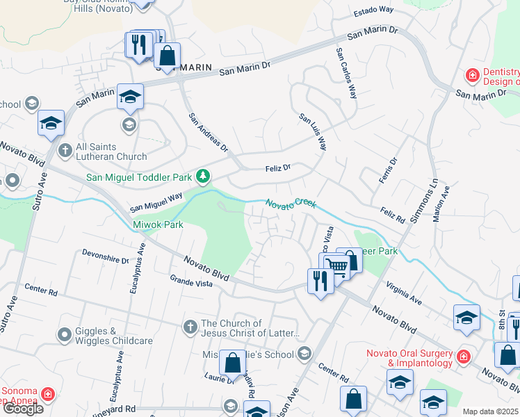 map of restaurants, bars, coffee shops, grocery stores, and more near 148 San Luis Way in Novato