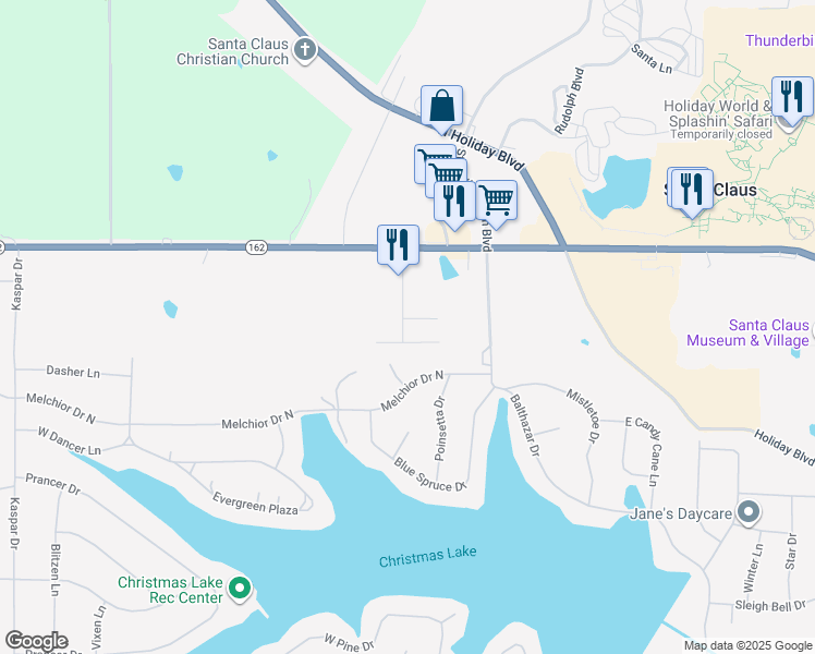 map of restaurants, bars, coffee shops, grocery stores, and more near 31 Cedar Ln in Santa Claus