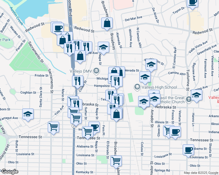 map of restaurants, bars, coffee shops, grocery stores, and more near 401 Hampshire Street in Vallejo