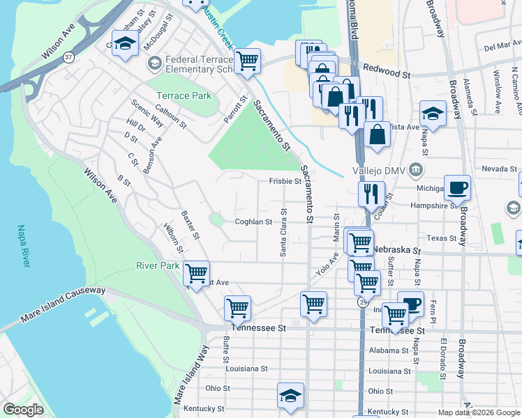 map of restaurants, bars, coffee shops, grocery stores, and more near 420 Carter Street in Vallejo