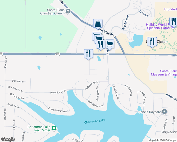 map of restaurants, bars, coffee shops, grocery stores, and more near 31 Cedar Lane in Santa Claus