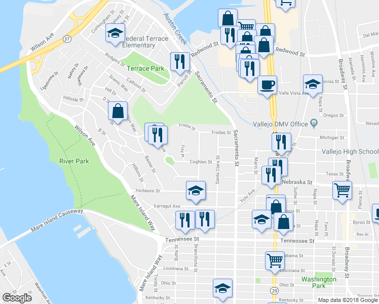 map of restaurants, bars, coffee shops, grocery stores, and more near 50 Frey Place in Vallejo