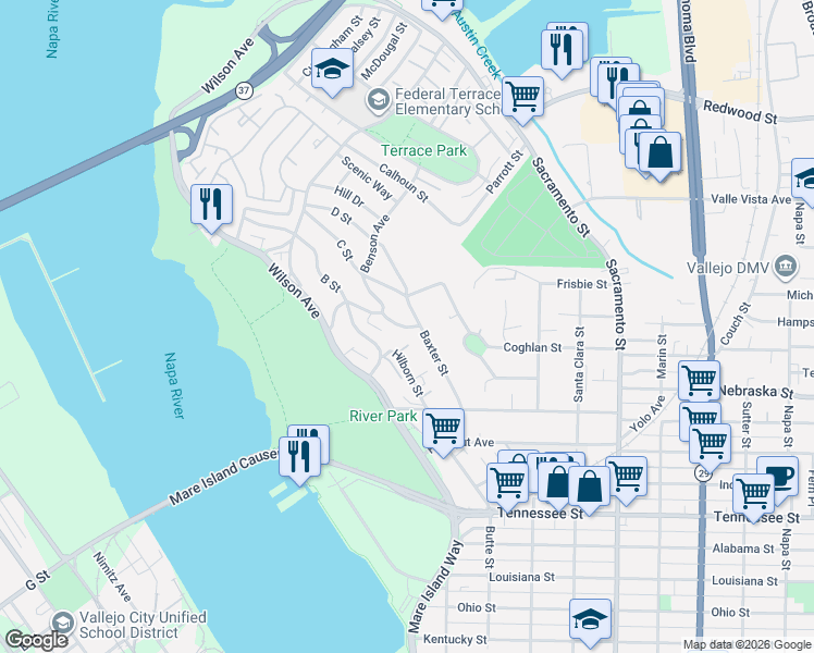map of restaurants, bars, coffee shops, grocery stores, and more near 187 Baxter Street in Vallejo