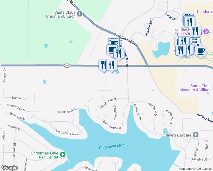 map of restaurants, bars, coffee shops, grocery stores, and more near 31 Cedar Ln in Santa Claus