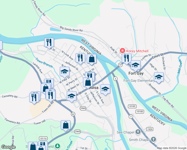 map of restaurants, bars, coffee shops, grocery stores, and more near N Main Cross St & E Main St in Louisa