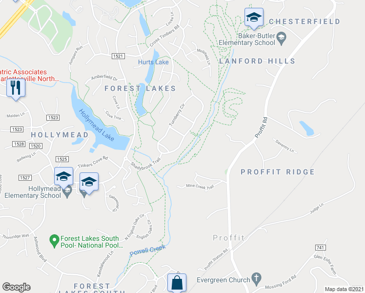 map of restaurants, bars, coffee shops, grocery stores, and more near 3286 Turnberry Circle in Charlottesville