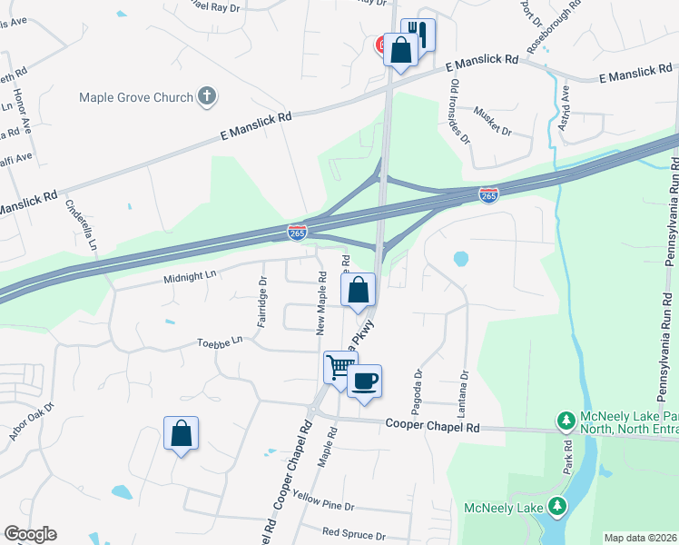 map of restaurants, bars, coffee shops, grocery stores, and more near 9018 Maple Road in Louisville