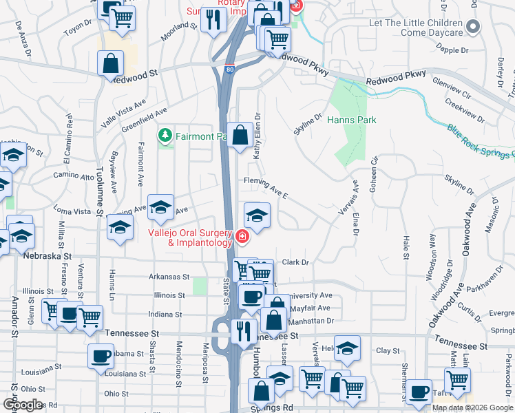 map of restaurants, bars, coffee shops, grocery stores, and more near 147 Maher Court in Vallejo