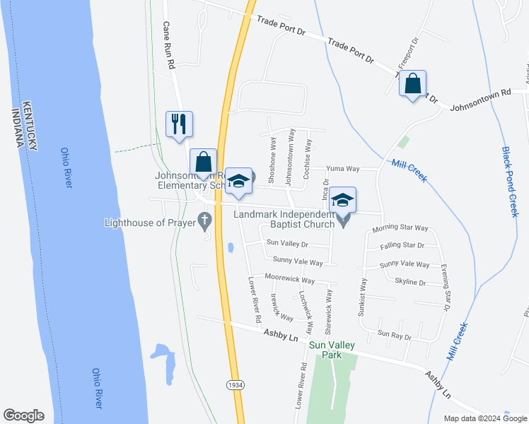 map of restaurants, bars, coffee shops, grocery stores, and more near 7200 Johnsontown Road in Louisville