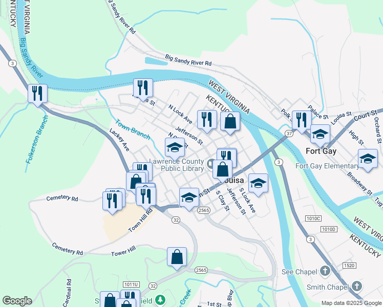 map of restaurants, bars, coffee shops, grocery stores, and more near 201 West Pike Street in Louisa