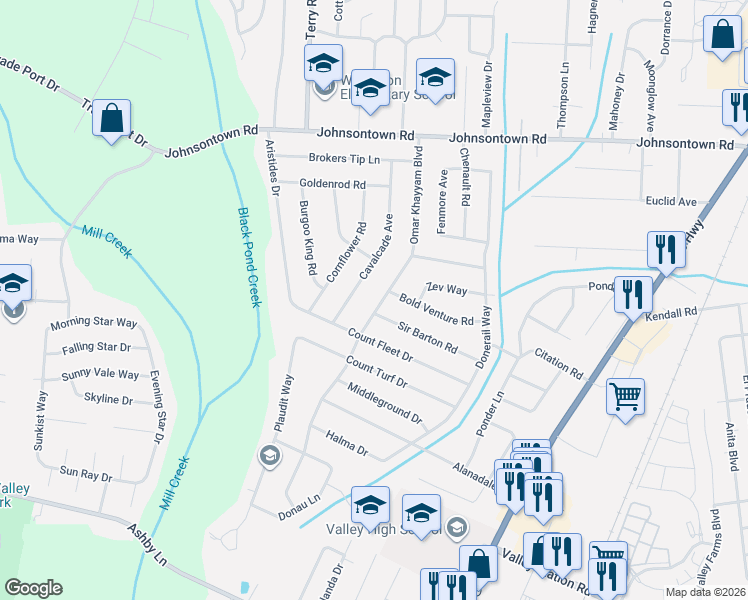 map of restaurants, bars, coffee shops, grocery stores, and more near 9405 Cavalcade Avenue in Louisville