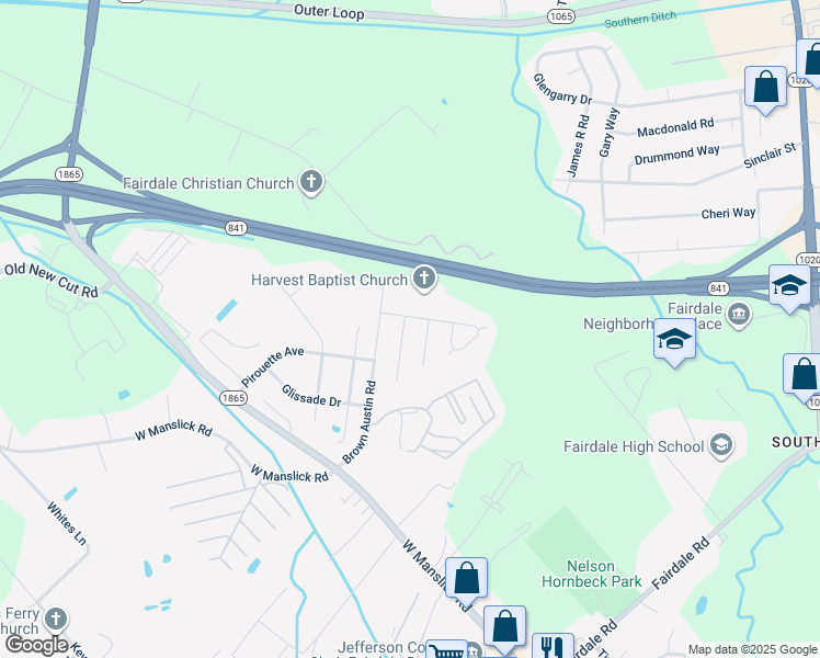 map of restaurants, bars, coffee shops, grocery stores, and more near 9303 Longhorn Court in Louisville