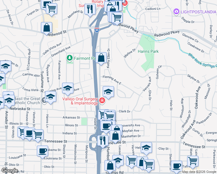 map of restaurants, bars, coffee shops, grocery stores, and more near 145 Maher Court in Vallejo