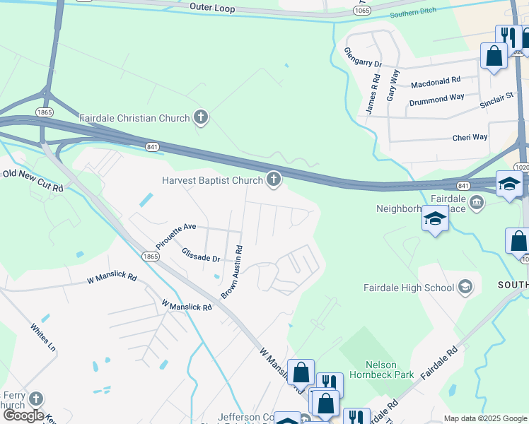 map of restaurants, bars, coffee shops, grocery stores, and more near 9303 Longhorn Court in Louisville