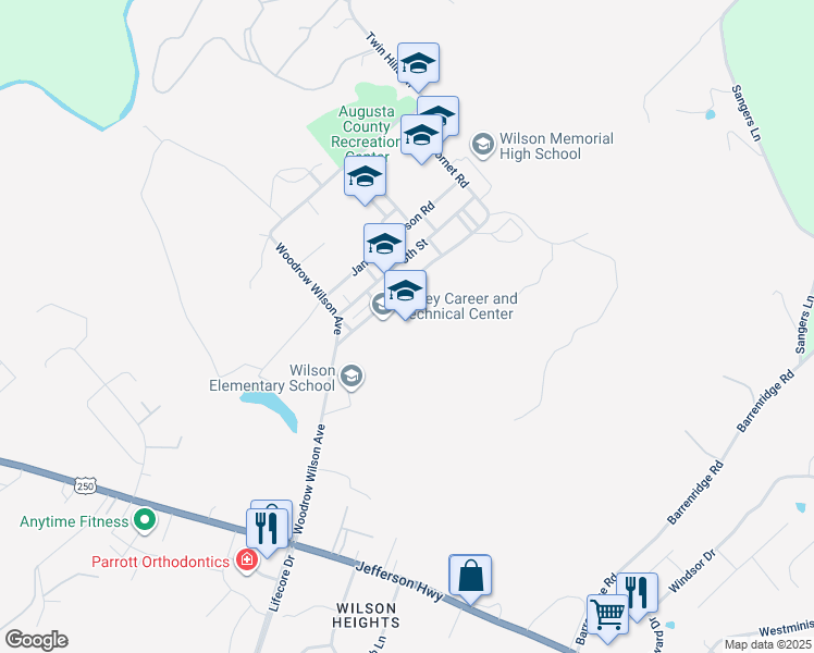 map of restaurants, bars, coffee shops, grocery stores, and more near 49 Hornet Road in Fishersville